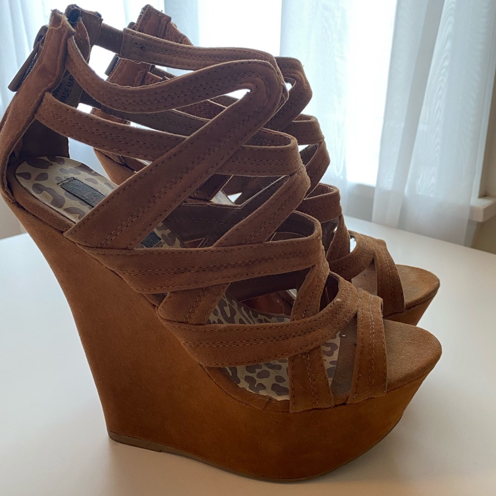Platform wedge sandal, suede camel, women’s 7